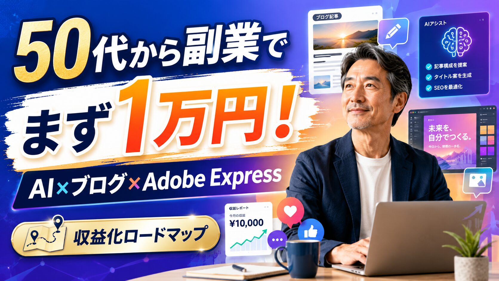 50代から副業でまず1万円を目指す方法｜AI×Adobe Express×ブログ収益化