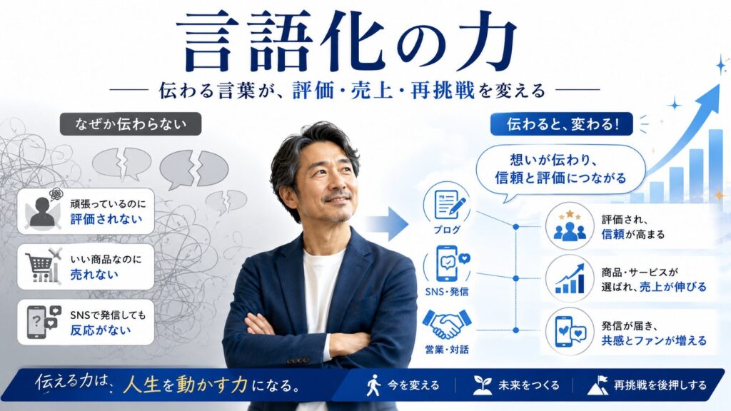 言語化不足による伝わらない悩みを、営業・ブログ・SNS・再挑戦に活かす言葉の力として解説したイメージ画像