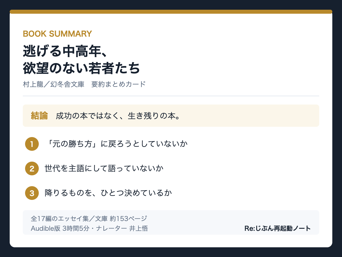 逃げる中高年、欲望のない若者たちの要約まとめカード。成功ではなく生き残りを問う本書の3つの点検項目。