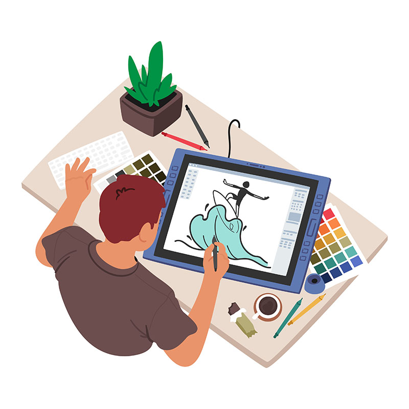 Adobe Illustrator|次の自分は、自分で描く。 ペンタブレットでイラストを描き、配色を確かめる人の作業机