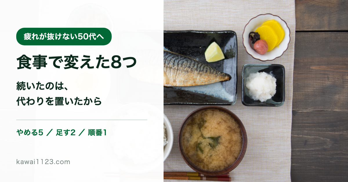 焼き魚と納豆、味噌汁、ご飯が並んだ和定食の俯瞰写真。左に記事タイトル「食事で変えた8つ」