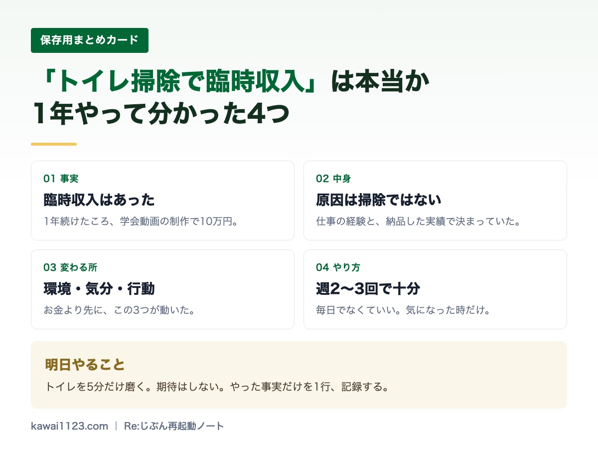 「トイレ掃除で臨時収入」は本当か|1年続けて10万円入った。でも原因は掃除ではなかった【図解8点】 トイレ掃除で臨時収入は本当かを1年検証した結果をまとめた保存用カード