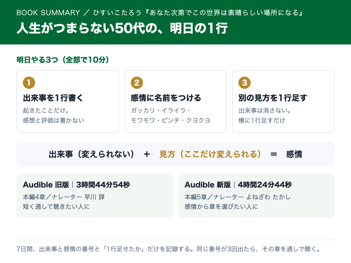 人生がつまらない50代のまとめカード。明日やる3つと、Audible旧版・新版の選び方