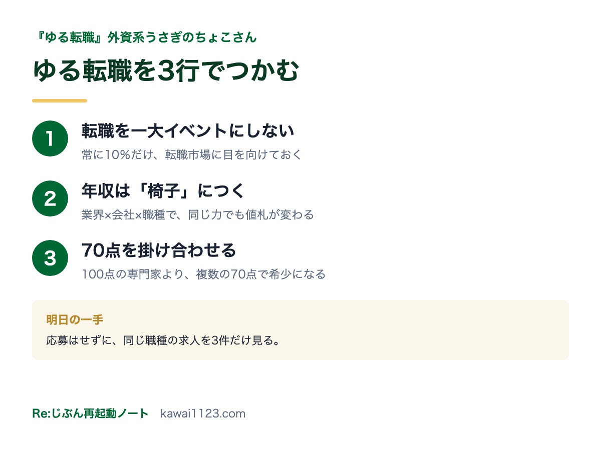 ゆる転職を3行でつかむまとめカード。一大イベントにしない、年収は椅子につく、70点を掛け合わせる