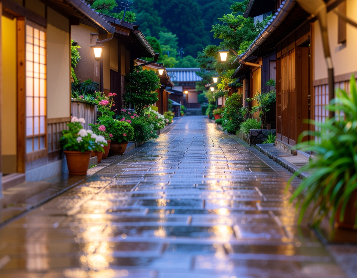 Adobe Stockの審査で採用された、Fireflyで作った雨上がりの石畳の路地の画像