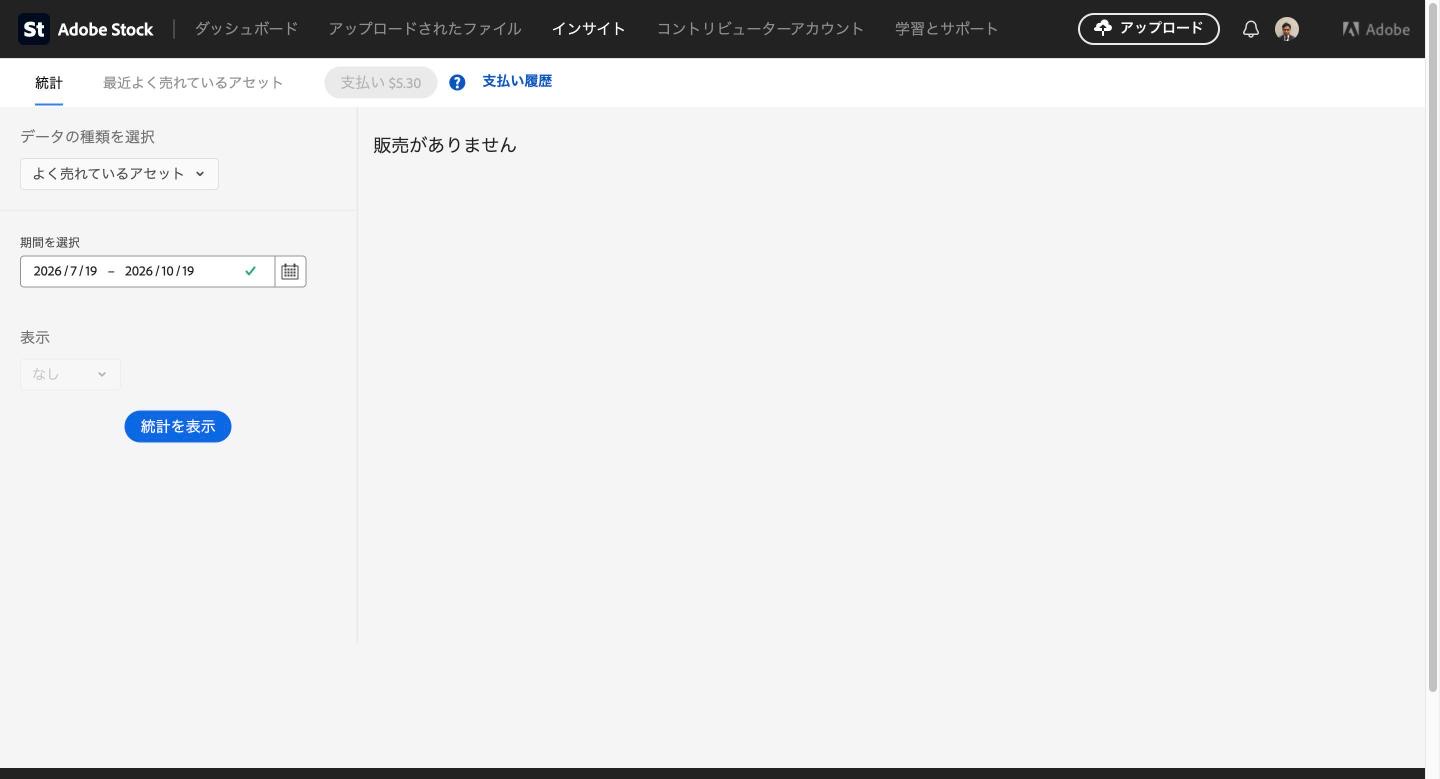 Adobe Stockのコントリビューターポータルのインサイト画面。データの種類と期間を選んで統計を表示する