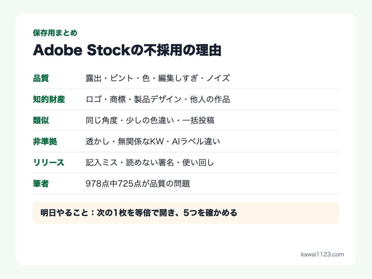 Adobe Stockの不採用の理由と、出す前に確かめる5つの保存用まとめカード