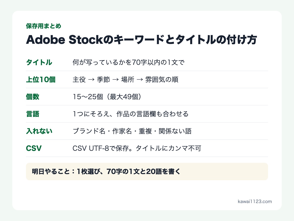 Adobe Stockのキーワードとタイトルの付け方の保存用まとめカード