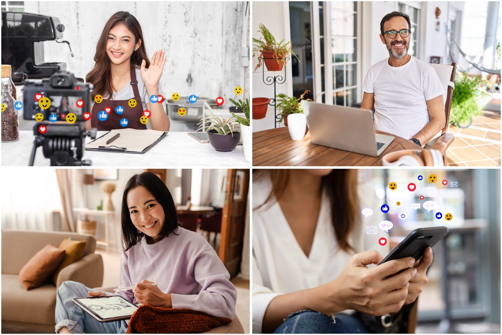 Adobe Stockでできること|商用利用できる写真・動画の探し方と無料素材・料金 このブログで使ったAdobe Stockの無料写真4枚(カメラに手を振るカフェの店員、ノートパソコンの男性、タブレットを見る女性、スマホを持つ女性)