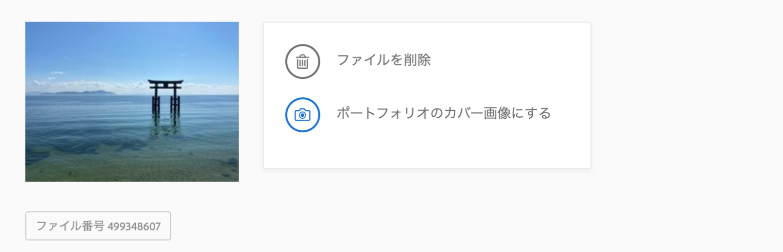 Adobe Stockのポートフォリオのカバー画像にするボタン。作品のサムネイルを押すと出る