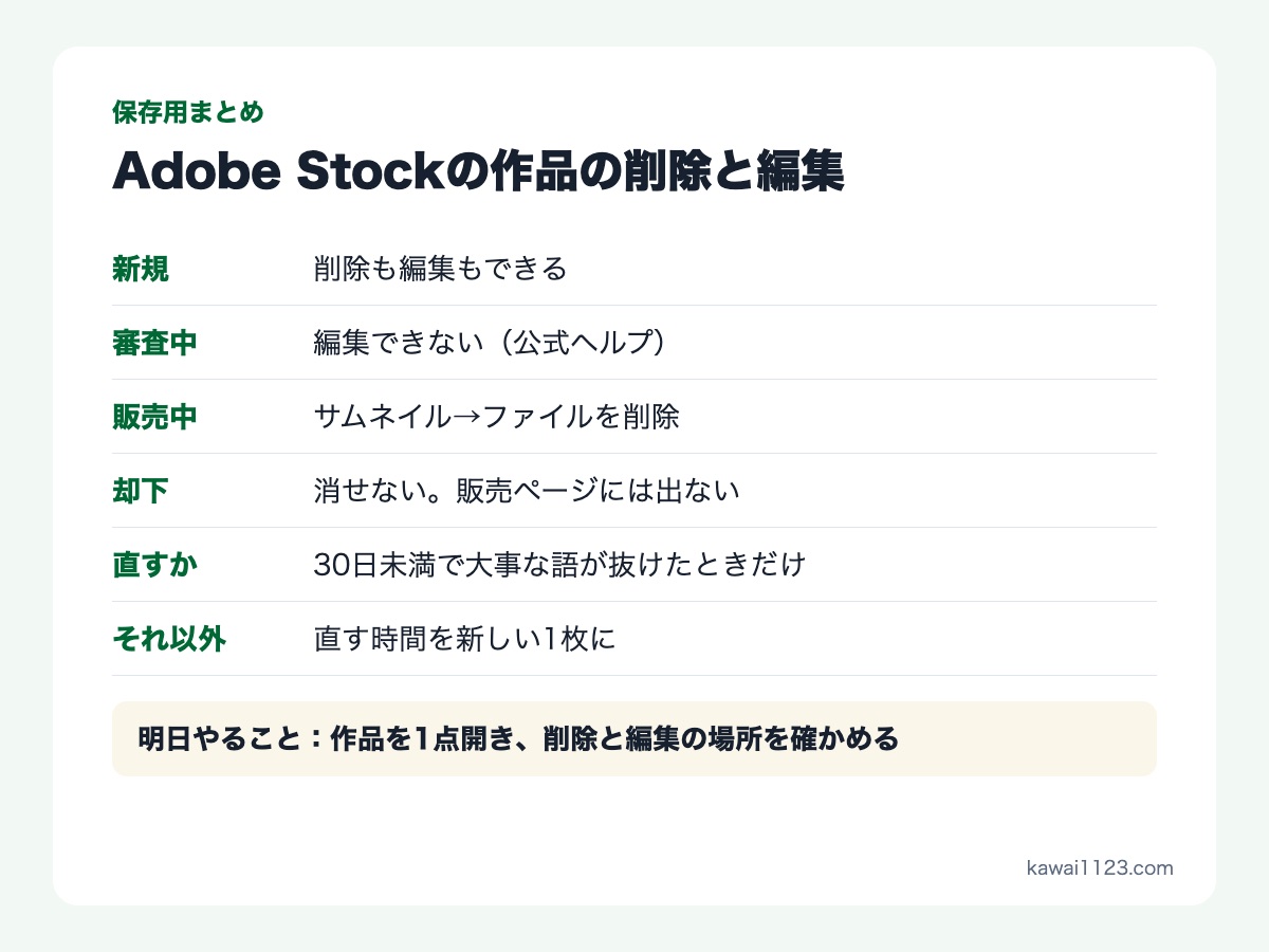 Adobe Stockの作品の削除と編集の保存用まとめカード