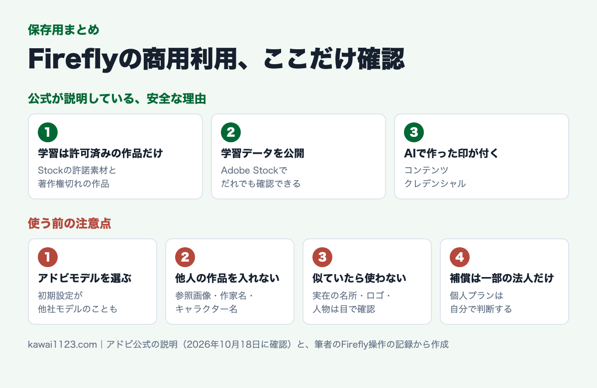 Fireflyの商用利用の保存用まとめカード。安全な理由3つと使う前の注意点4つ