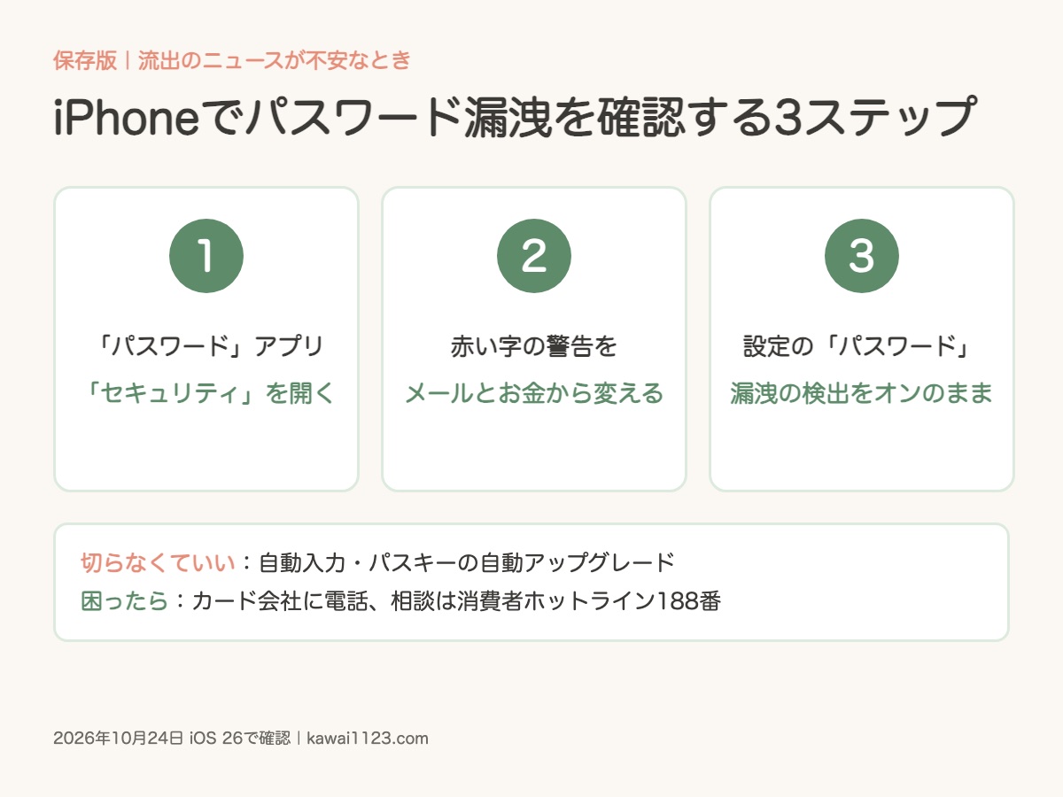 iPhoneでパスワード漏洩を確認するまとめカード