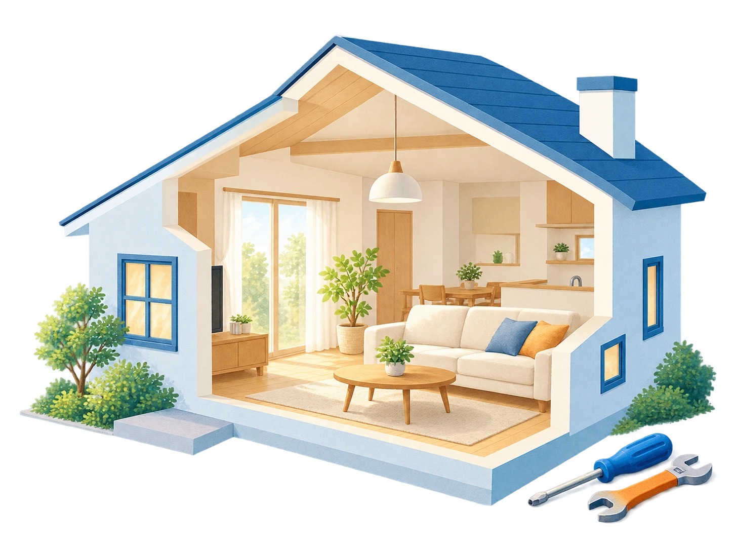 マリオリペア 明るい住まいと小さな修理道具のイラスト