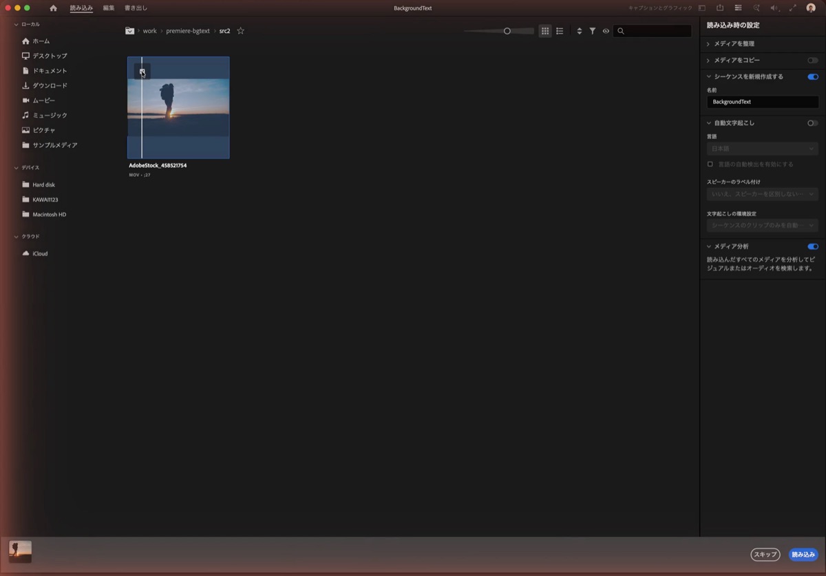 Premiereの読み込み画面で動画にチェックを入れたところ