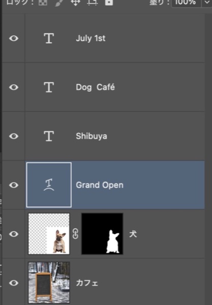 バナーのレイヤーパネル。文字4つと犬とカフェ