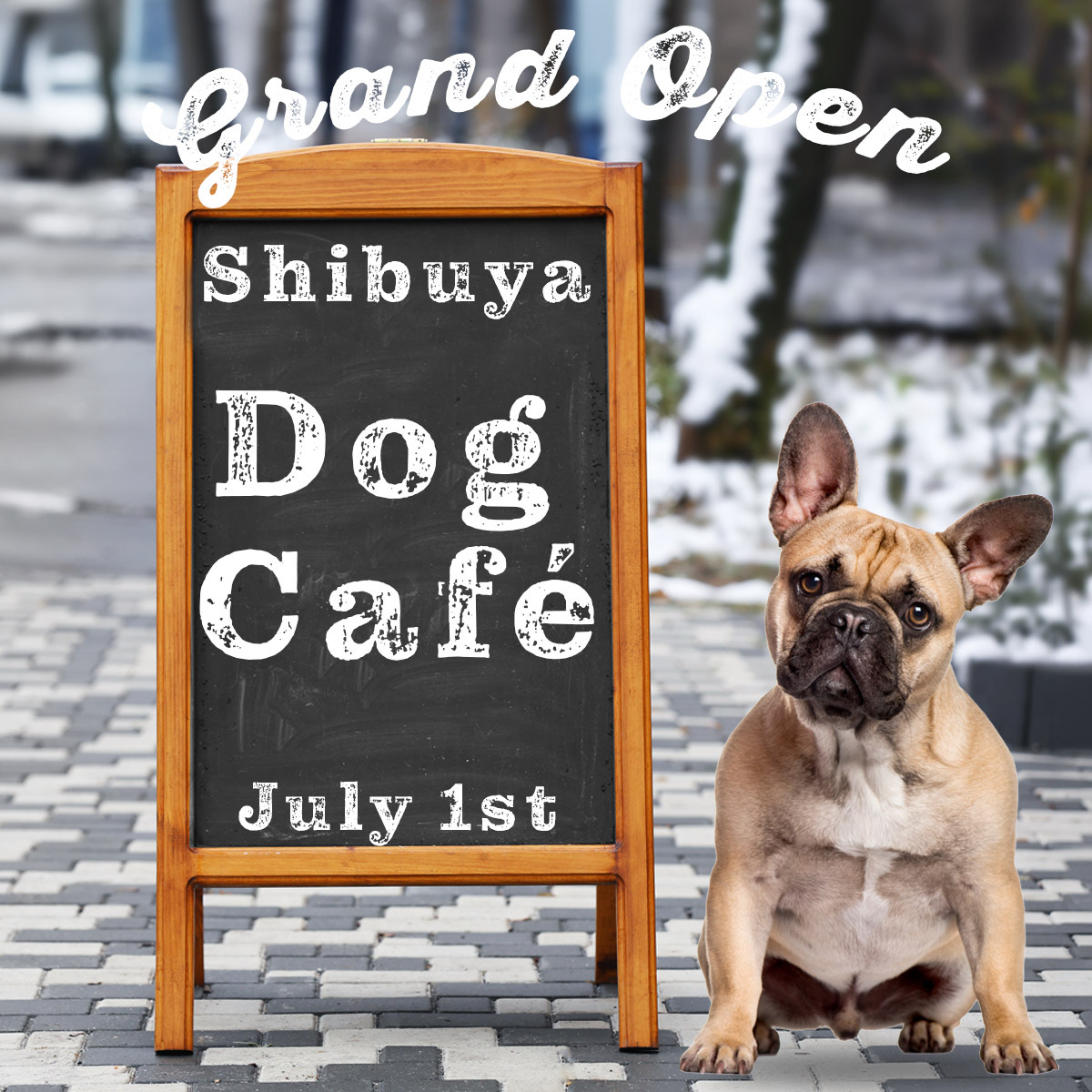 Photoshopで作ったカフェのオープン告知バナー。看板の文字と犬