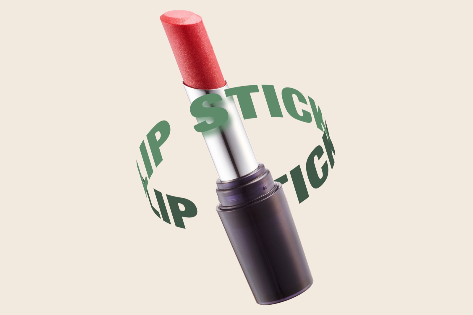 フォトショで文字を円形にした作例。口紅のまわりをLIP STICKの立体の輪が囲んでいる