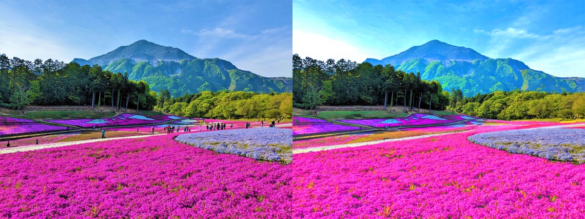 Photoshopの風景レタッチの前と後を並べた画像