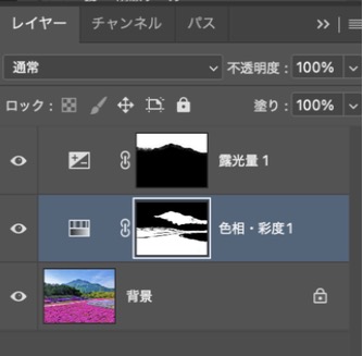 Photoshopのレイヤーパネル。露光量と色相・彩度の調整レイヤー