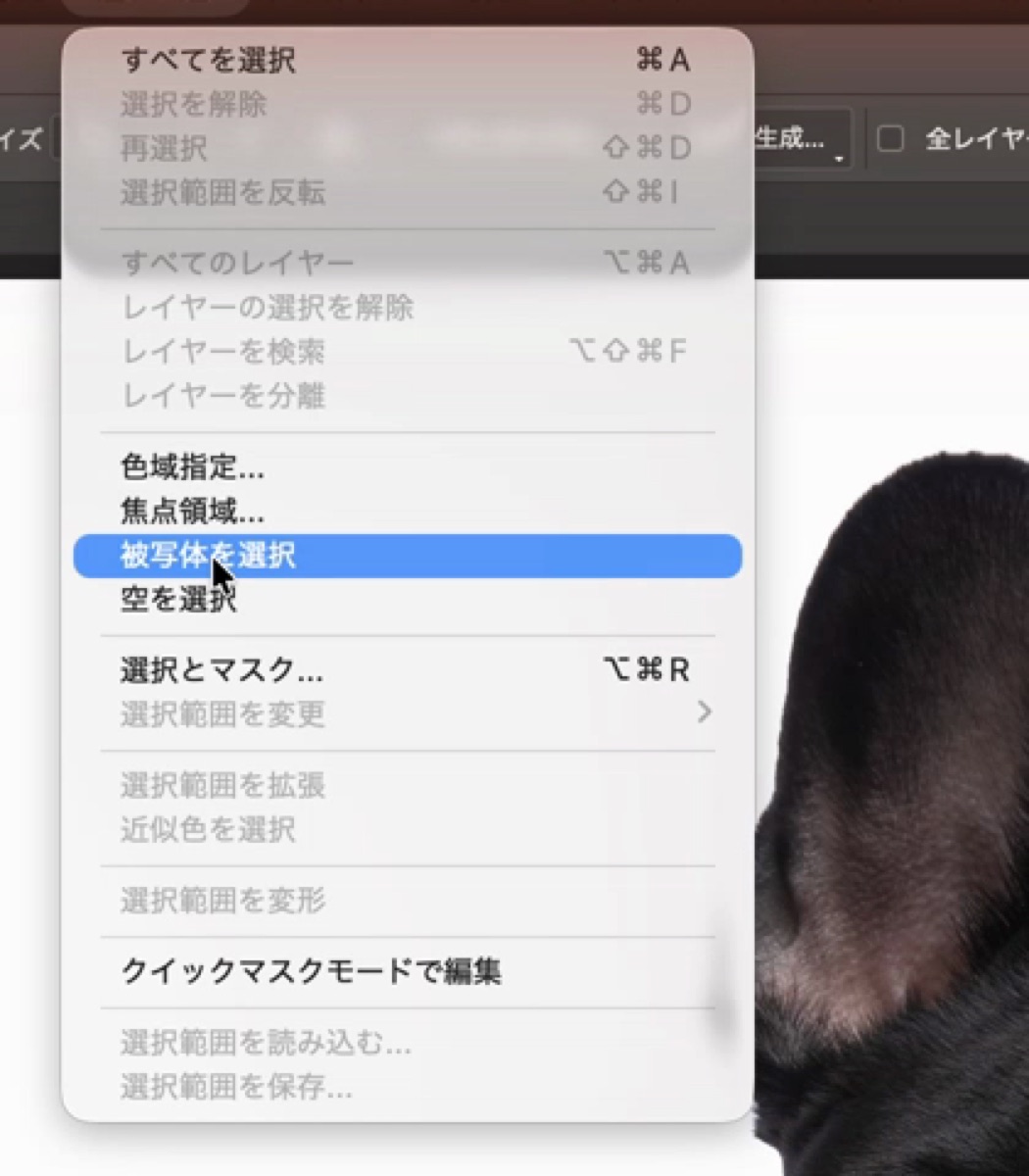 Photoshopの合成で使う選択範囲メニューの被写体を選択