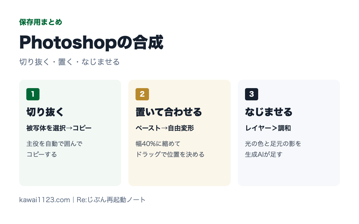 Photoshopの合成の保存用まとめカード。切り抜く、置いて合わせる、なじませるの3つ