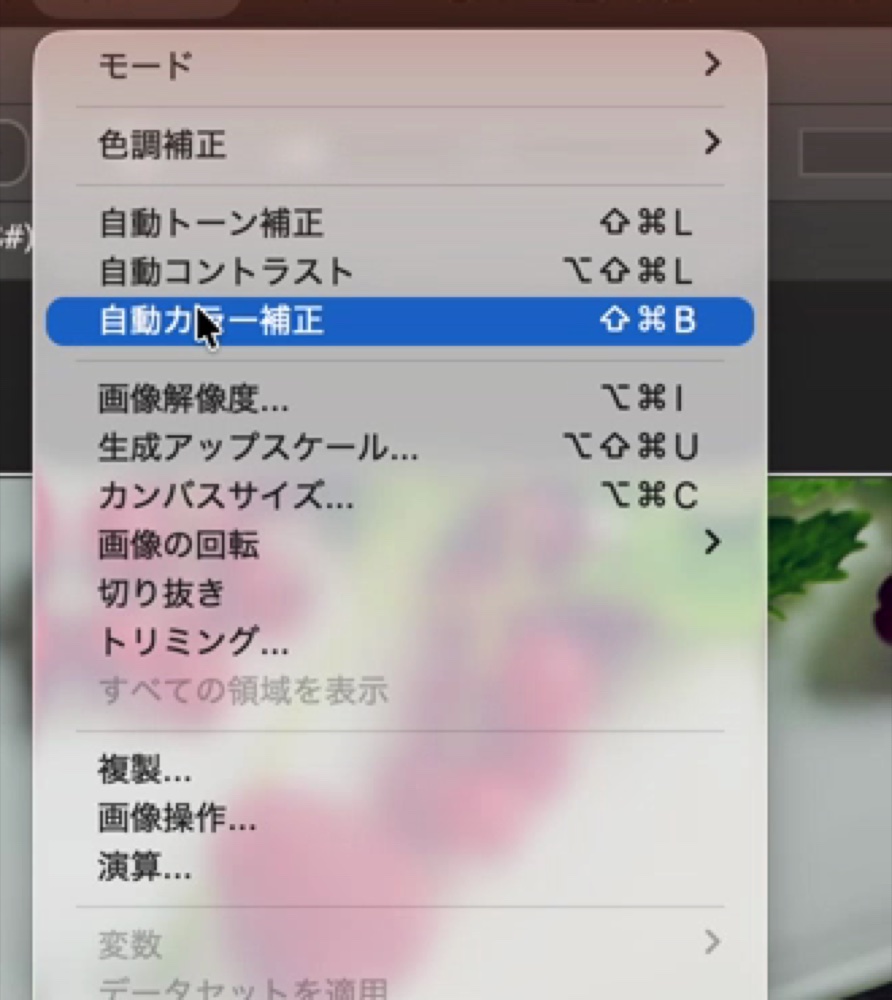 Photoshopのイメージメニュー。自動トーン補正、自動コントラスト、自動カラー補正が並ぶ