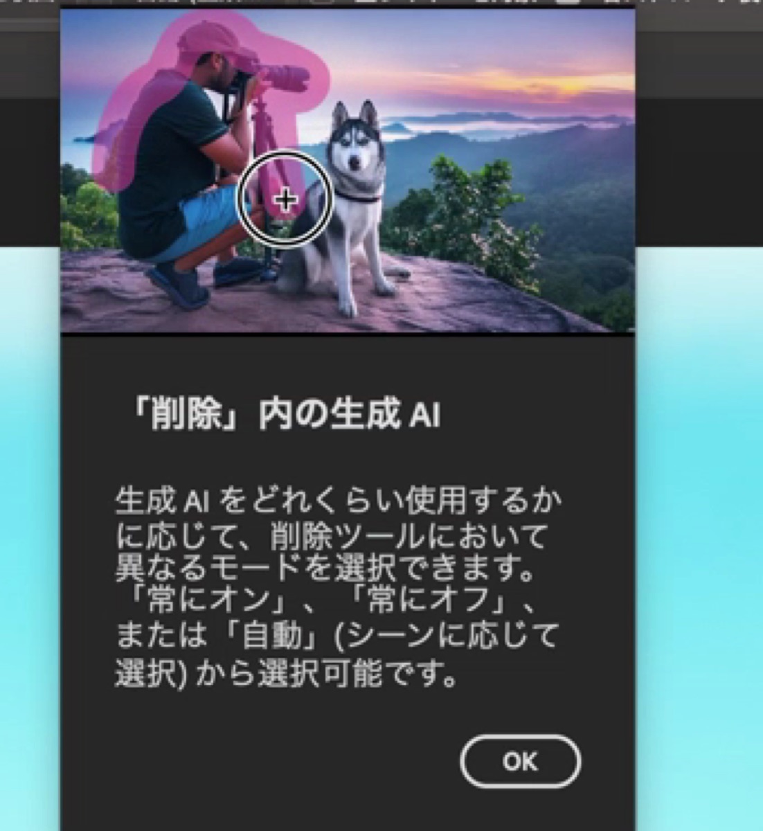 Photoshopの削除ツール内の生成AIの説明。常にオン、常にオフ、自動から選べる