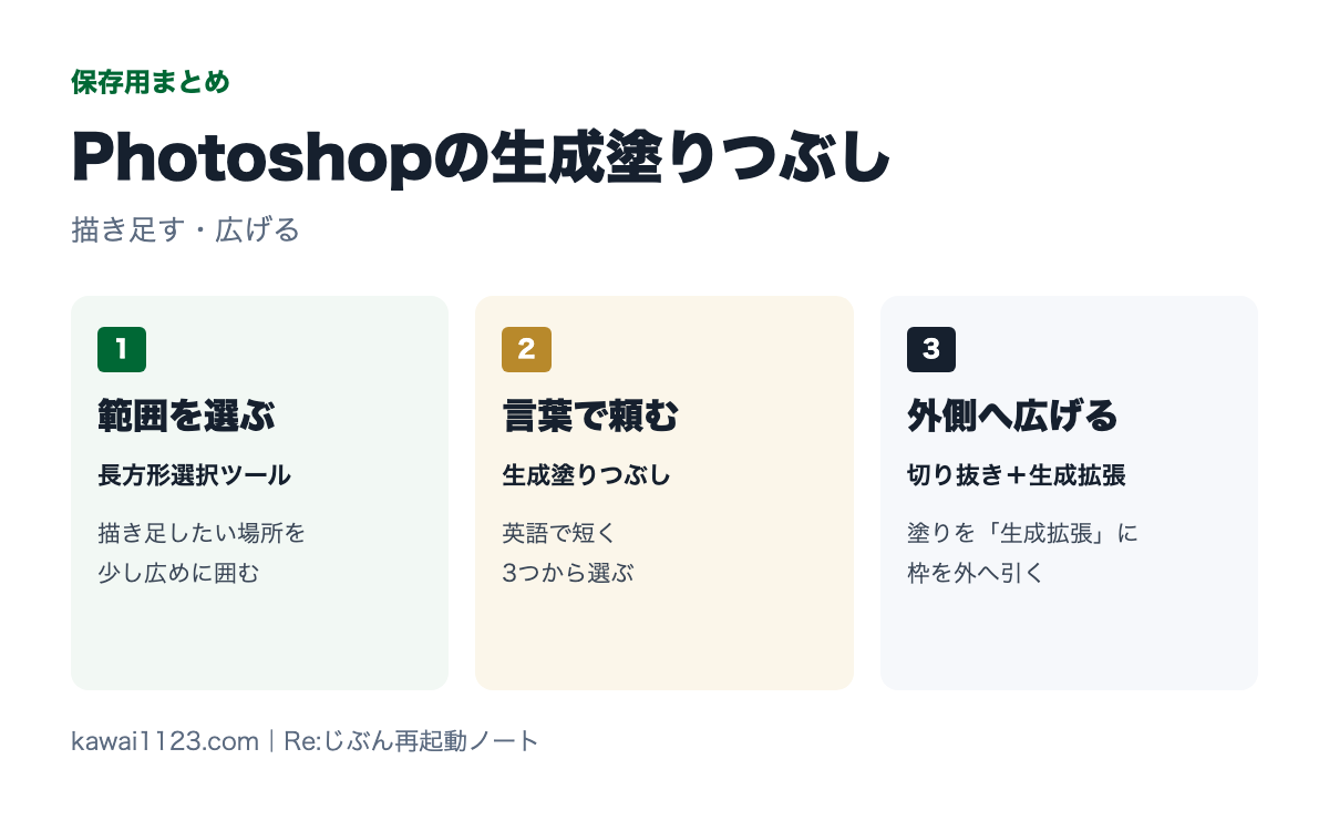 Photoshopの生成塗りつぶしの保存用まとめカード。範囲を選ぶ、言葉で頼む、外側へ広げるの3つ
