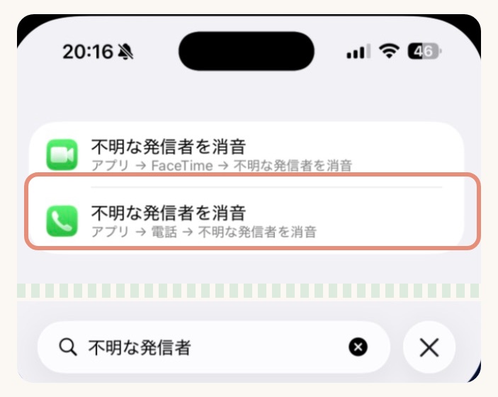 iPhoneの設定で不明な発信者を検索した画面