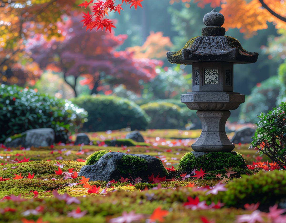 Adobe Stockのキーワードとタイトルを付けて審査に出した、苔の庭と石灯籠と紅葉の画像