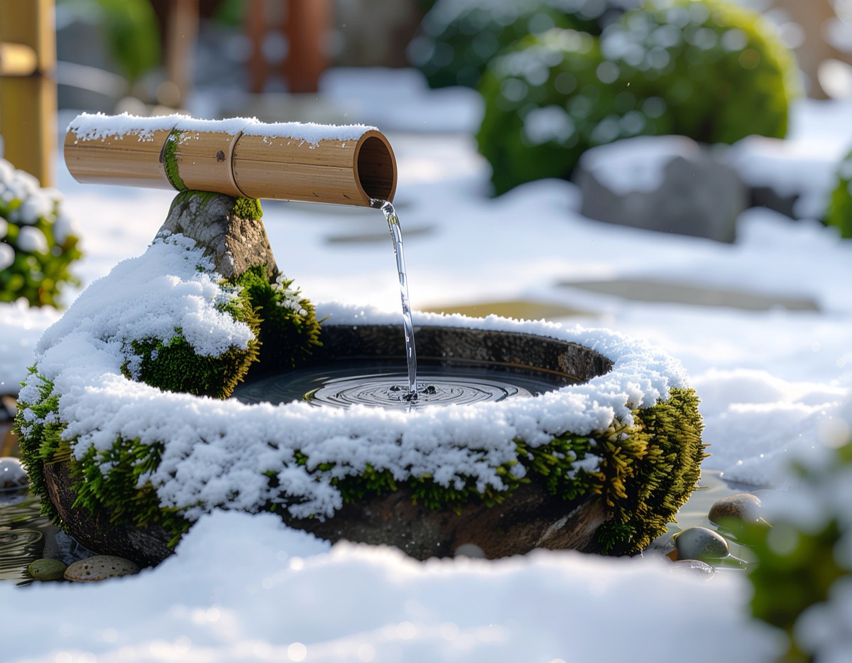 Adobe Stockのキーワードを英語で付けた、雪のつくばいと竹の筧の画像