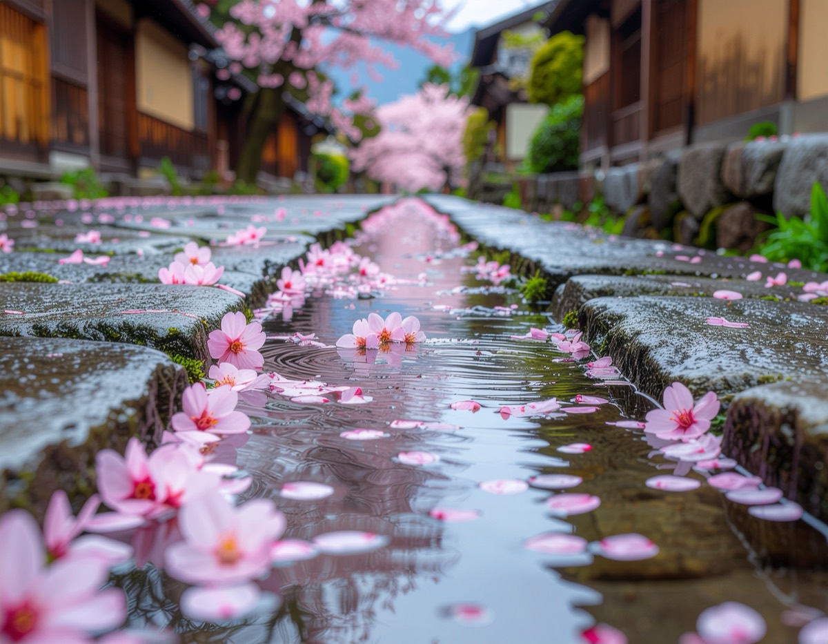 Adobe Stockのキーワードで主役を上位に置いた、小川に浮かぶ桜の花びらの画像